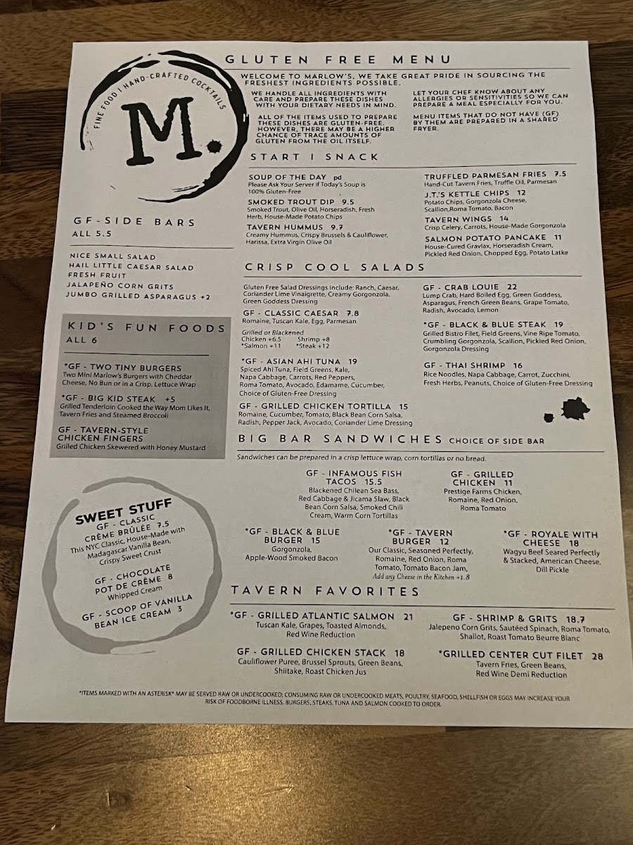 Gluten free menu 5/17/23