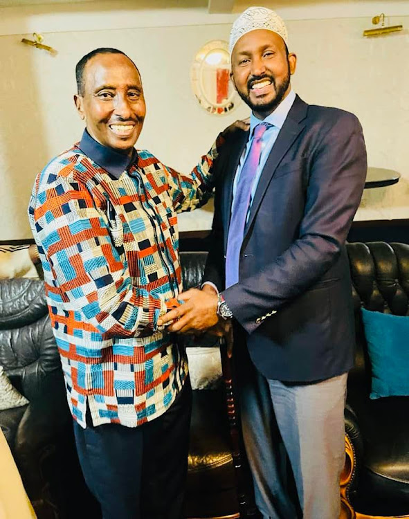 Former Wajir governor Mohamed Abdi with aspirant Siyad Abdullahi two weeks ago.