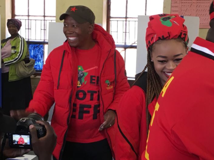 EFF leader Julius Malema and his wife Mantwa Matlala-Malema after casting their votes at the Mponegele Primary School in Seshego, Limpopo on May 8 2019.