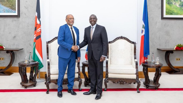 Ex-Prime Minister of Haiti Ariel Henry with President William Ruto at State House, Nairobi on February 29, 2024.