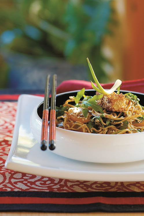 Aromatic noodle stir-fry with sesame-toasted tofu.