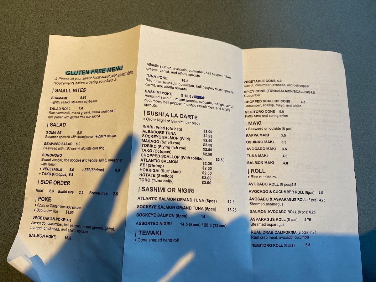 Sushi Plus gluten-free menu