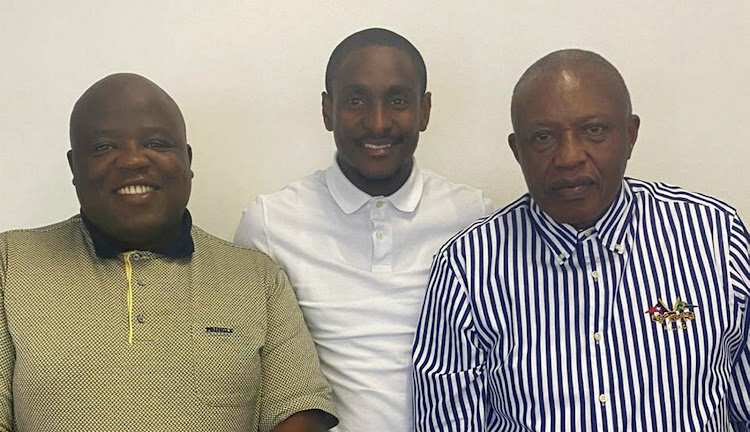 Chippa United owner Siviwe Mpengesi and Orlando Pirates chairman Irvin Khoza with new Chilli Boys coach Rulani Mokwena