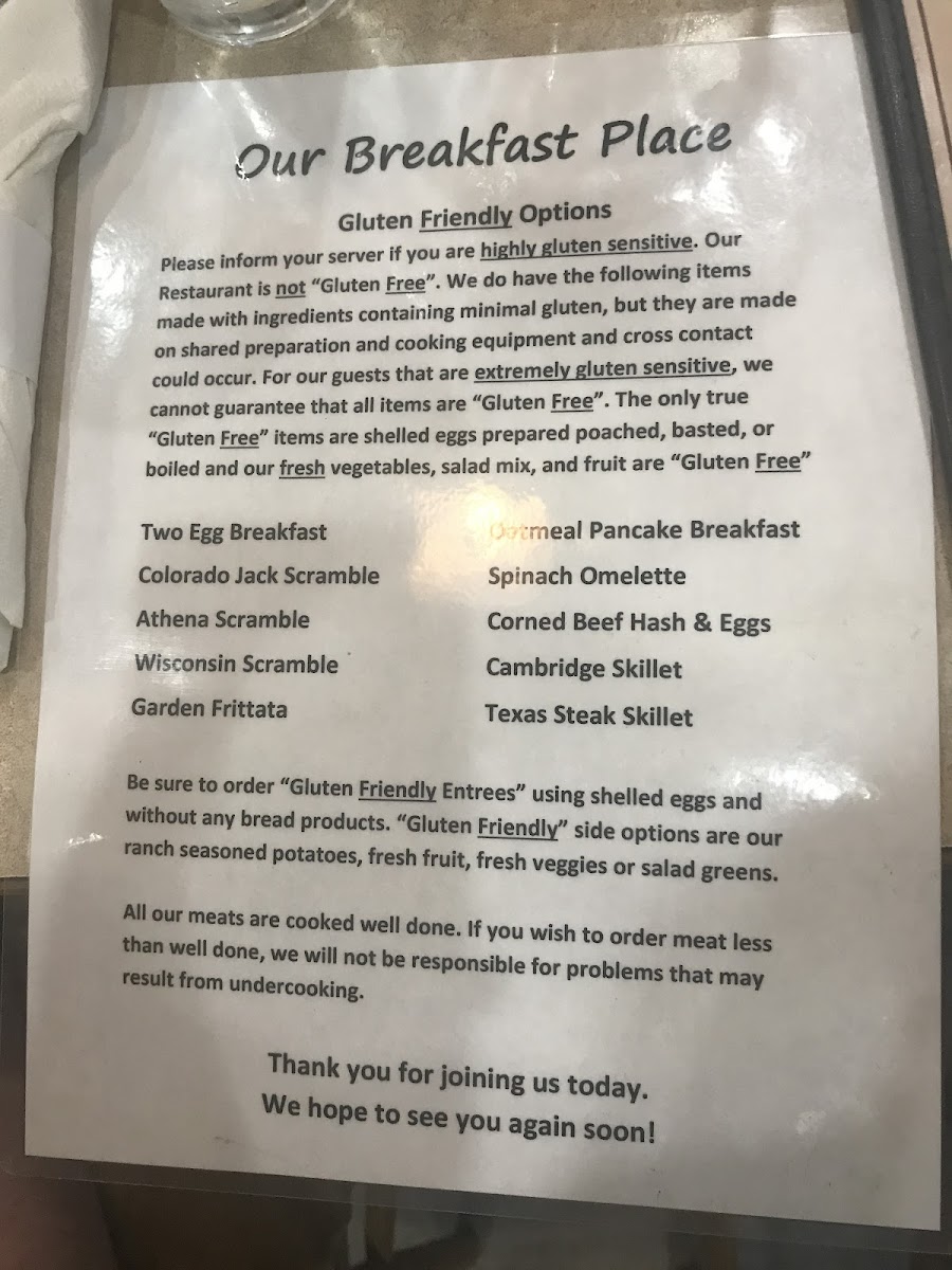 Our Breakfast Place gluten-free menu