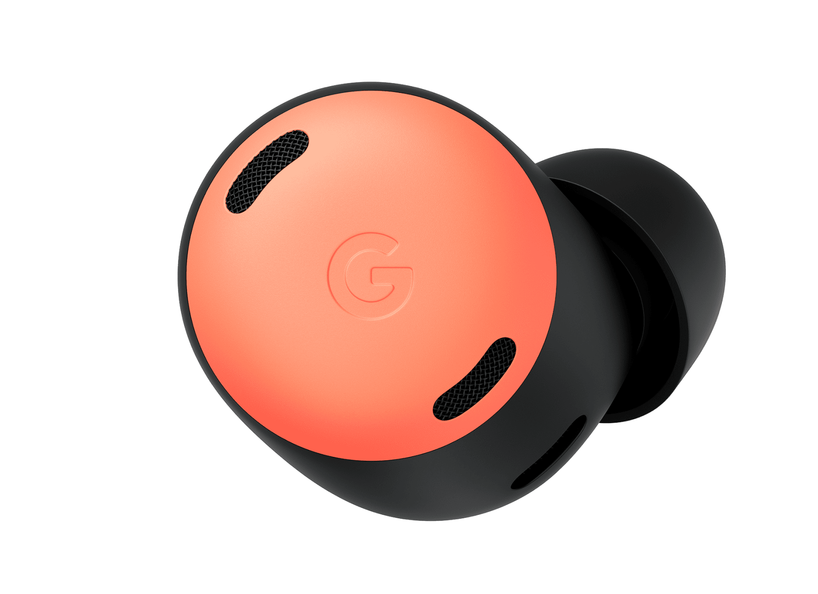 Vista frontal de un auricular de botón Pixel Buds Pro en color coral