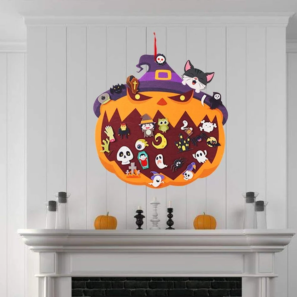 Acessórios de feltro decorativos de Halloween para estéreo DIY Abóbora Gato. Crie um ambiente festivo e divertido para sua casa.