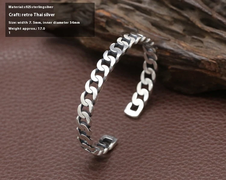Pulseira feminina simples de prata esterlina S925, retrô, aberta e envelhecida. Design elegante e versátil, ideal para uso diário e eventos.