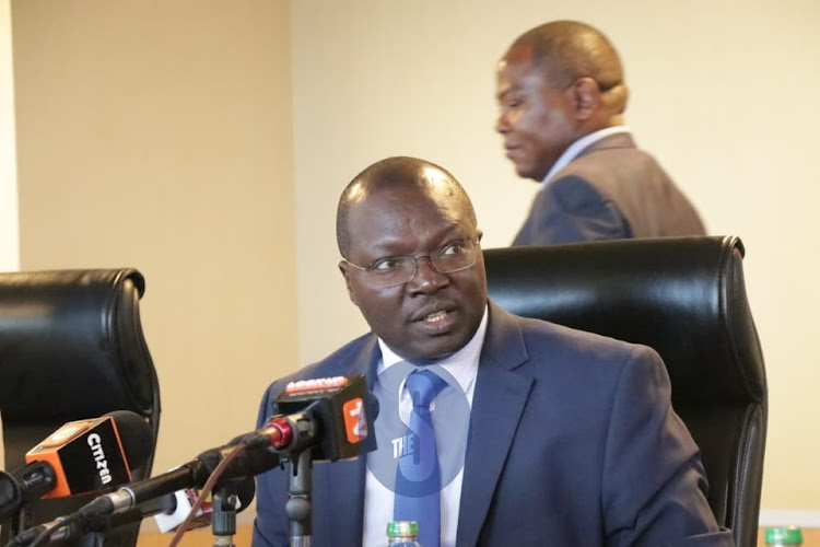 Cabinet Secretary for Cooperatives and Micro and Small Enterprise Simon Chelugui addresses the media over hustlers' fund at NSSF building on November 18, 2022