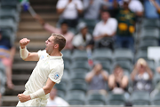 South Africa's Anrich Nortje celebrates taking the wicket of England's Sam Curran for a duck.