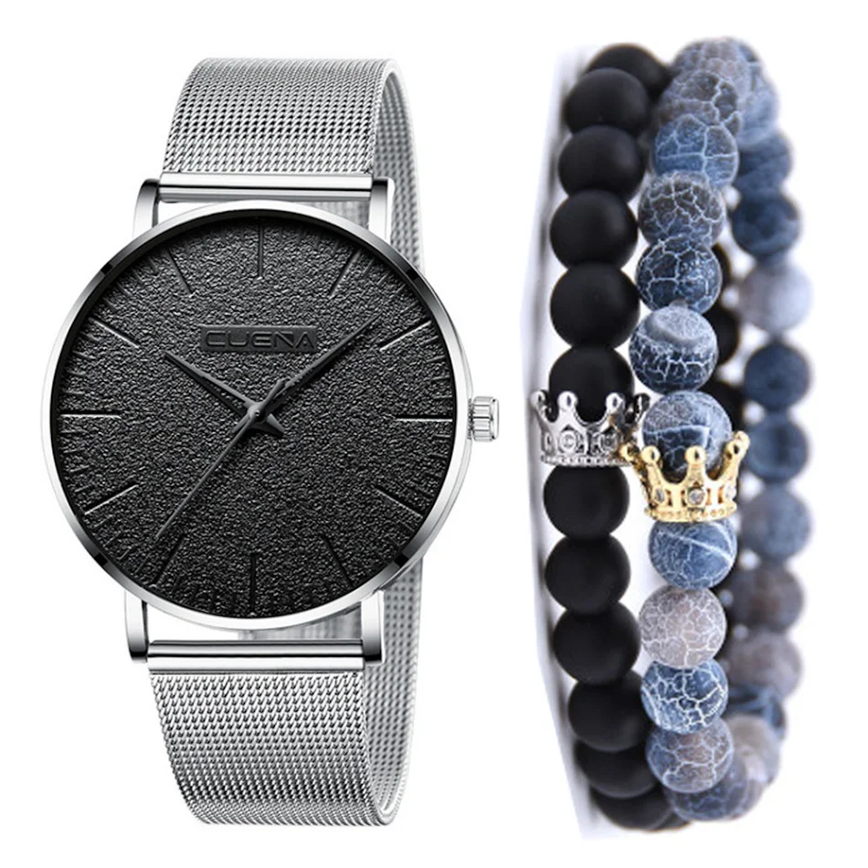 Conjunto Business Mesh Band Relógio de Quartzo com Pulseira 3 Peças Sofisticação e precisão em um kit completo. Ideal para o homem moderno e elegante, para qualquer ocasião.
