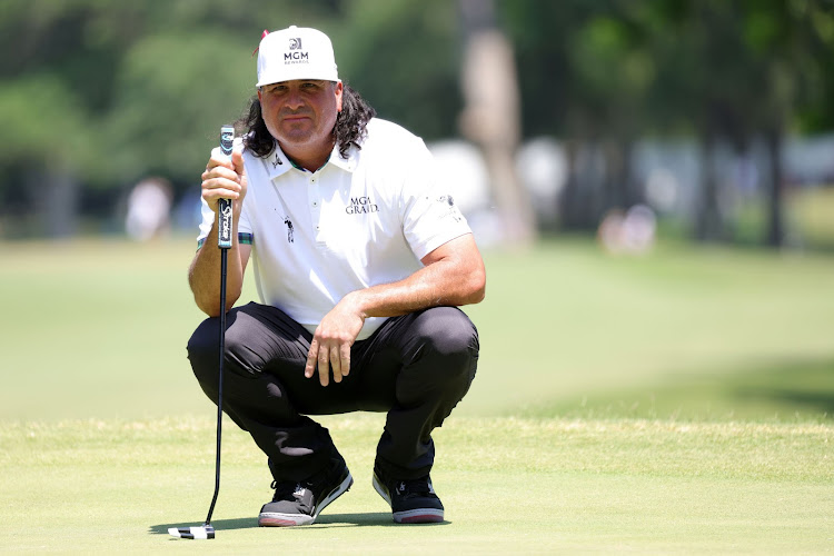 Pat Perez of the United States lines up a putt on the fifth green during the third round of the Charles Schwab Challenge at Colonial Country Club on May 28, 2022 in Fort Worth