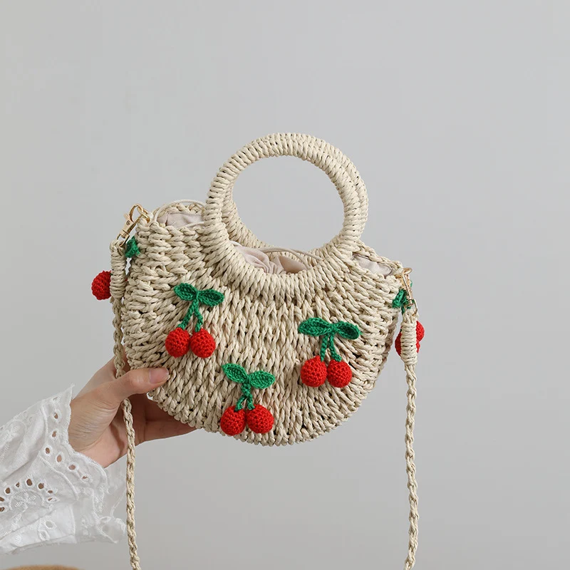 Title 3, Sac tressé en paille, mignon avec des cerises, ...