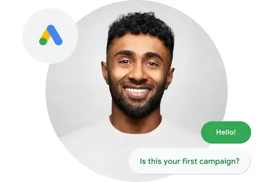 A friendly Google Ads expert smiles at the camera, surrounded by chat boxes.