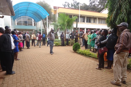 Embu workers being addressed by one of their union officials during their strike demanding for July salaries on Monday last week.