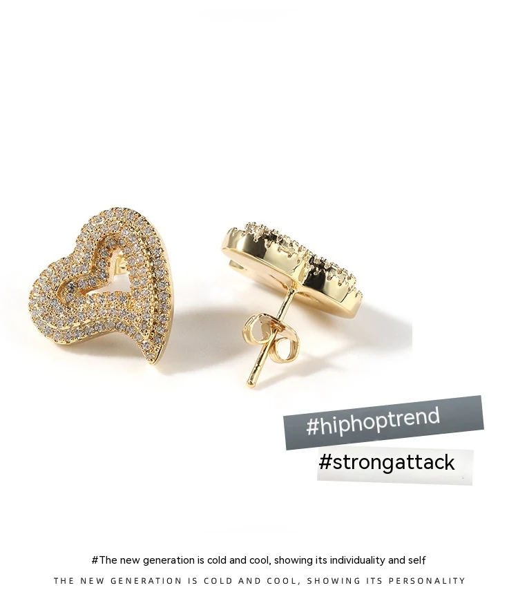 Title 4, Zircon Hollow Love Heart Stud Earrings Micro-in...