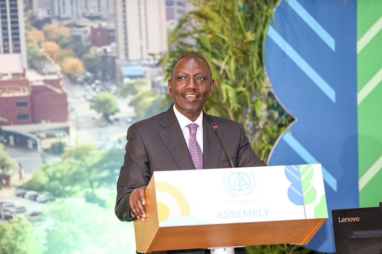 President William Ruto giving a speech during the opening of the Second Session of the United Nations Habitat Assembly at the UN Complex in Nairobi on June 5, 2023.