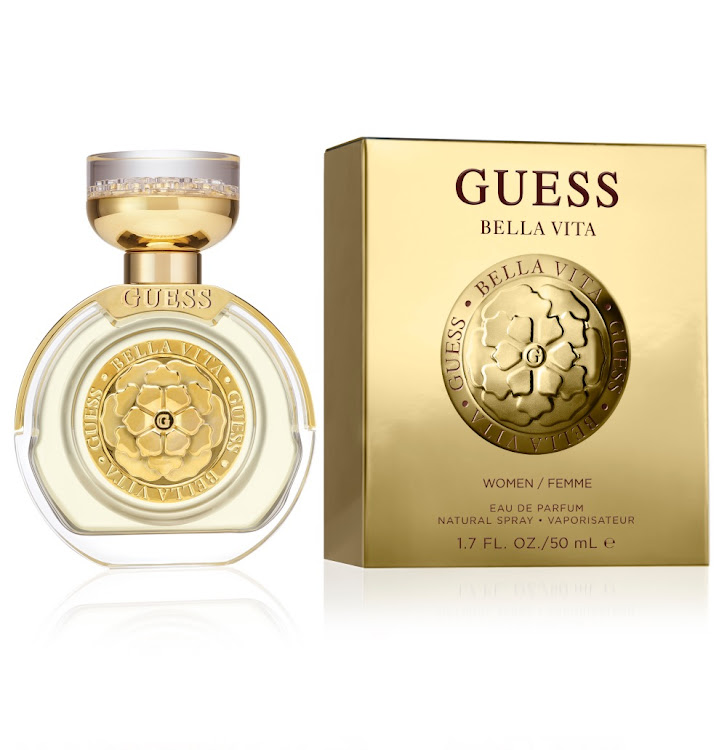 The bottle and the carton bear the iconic Guess peony medallion in the centre.