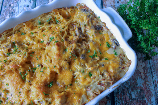 Turkey tetrazzini baked until the cheese is golden brown.