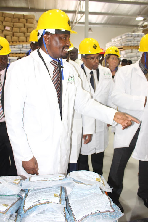 Agriculture CS Mwangi Kiunjuri commissions an Aflasafe plant at Kalro, Machakos, on Monday