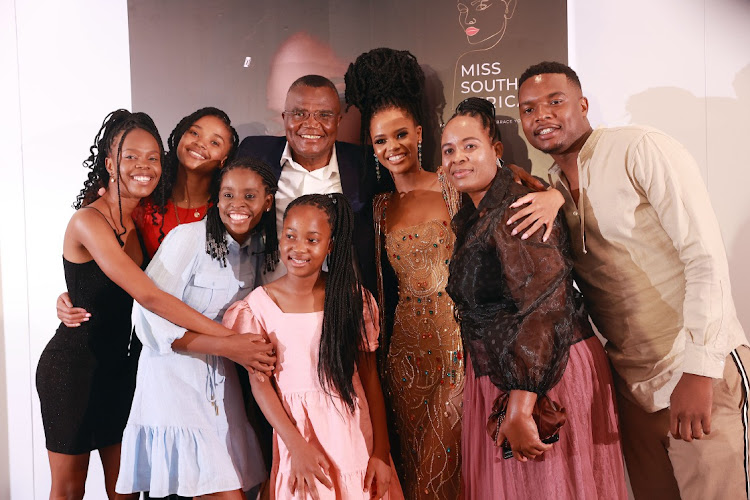 Miss South Africa Ndavi Nokeri with parents Moses and Betty and family members during the Miss Universe South Africa farewell and national costume reveal at The Maslow Hotel Sandton in Johannesburg.