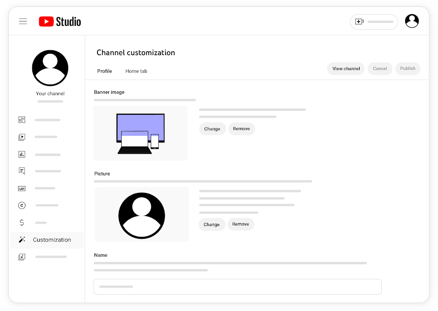 image shows channel customization page with banner image and picture upload options