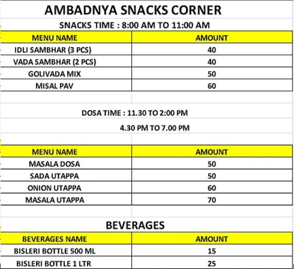 Ambadnya Snacks Corner menu 