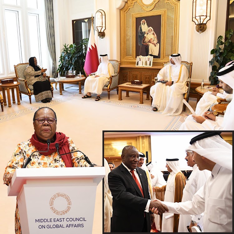 Top: International relations minister Naledi Pandor meets her Qatari counterpart, Sheikh Mohammed bin Abdulrahman bin Jassim Al Thani, before President Cyril Ramaphosa's arrival in Doha for a state visit. Left: Pandor delivers a keynote address during a working dinner in Doha on Tuesday, organised by the Middle East Council on Global Affairs. Right: Ramaphosa at the Qatar Chamber of Commerce and Industry on Wednesday.