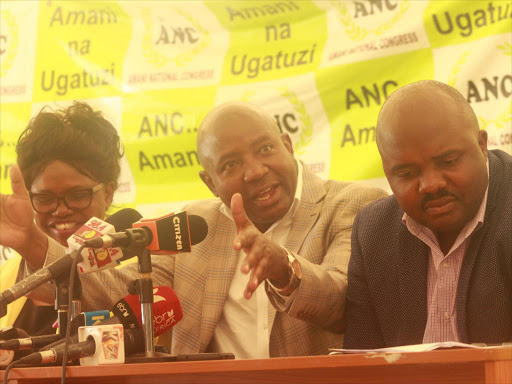 ANC deputy party leader Ayub Savula with Butere MP Tindi Mwale and Beatrice Adagala issue a press statement at their headquarters on January 11, 2018. /EZEKIEL AMING'A