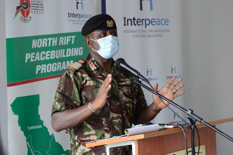 Rift Valley regional commissioner George Natembeya addresses a peace meeting at a Lake Bogoria hotel in Baringo South on April 8