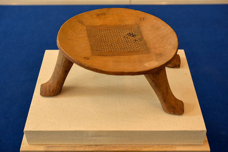The katakle, a royal stool from the Kingdom of Dahomey, which was looted by French troops and later transferred to the National Museum of Finland is seen during an official return ceremony to Benin, in Cotonou, Benin, on May 13 2025.