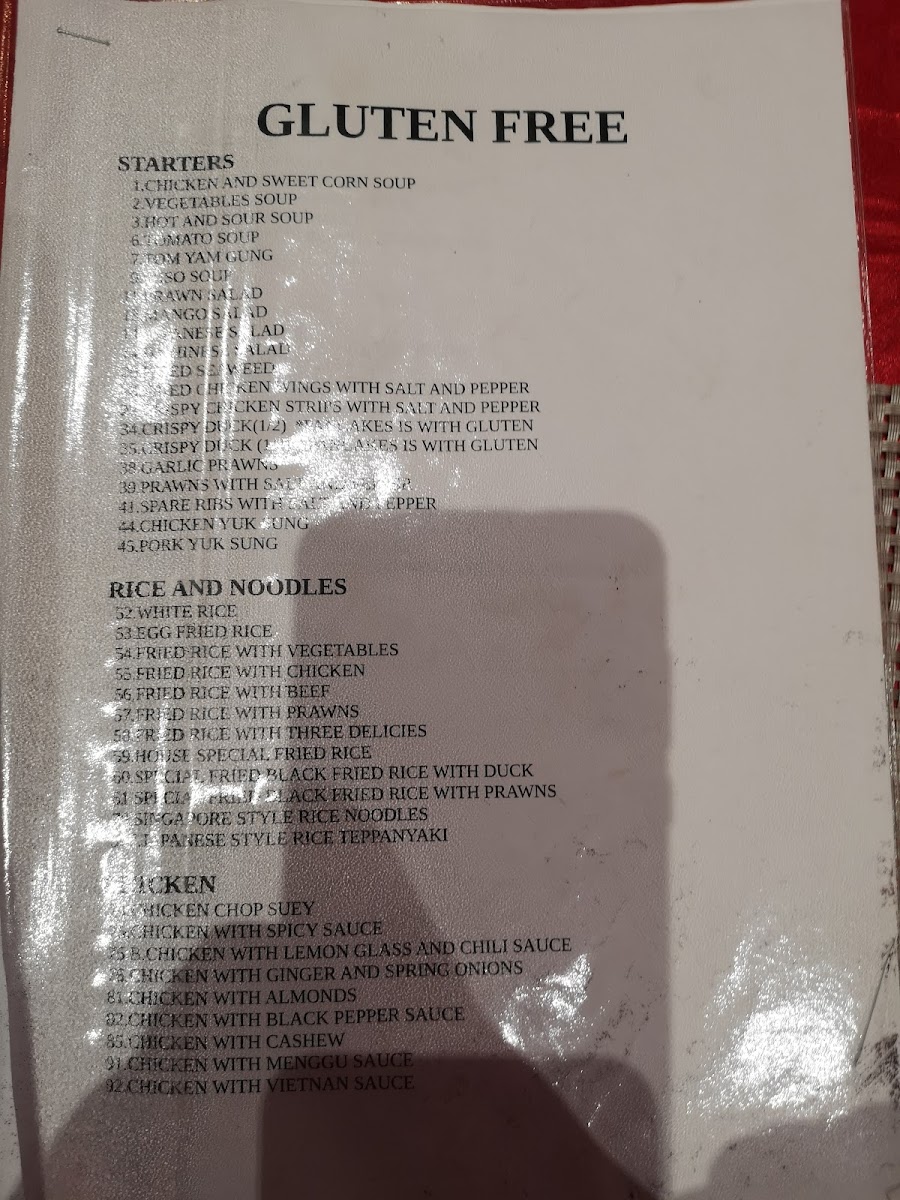 Asian Kitchen gluten-free menu