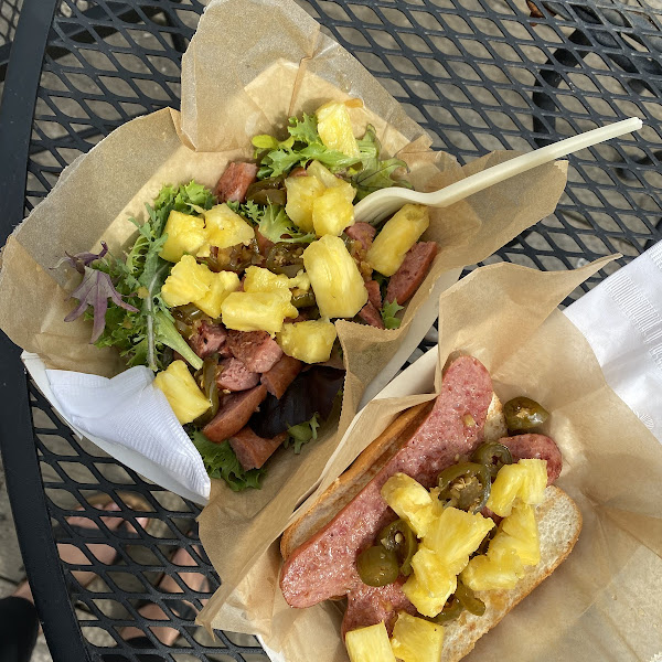 Sweet & Spicy dog on a gf bun and salad option.