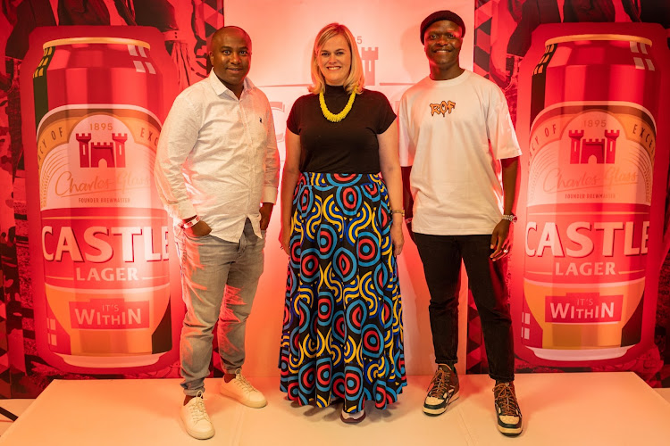 Mfundo Mbeki, co-founder of Rands Cape Town, Wendy Bedforth, Castle Lager brand director and Lekau Sehoana, founder and group chair of the Drip Group at the Castle Lager #KeepItWithin small business campaign media launch. Picture: SUPPLIED/CASTLE LAGER