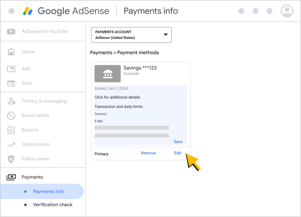 Example of updating bank account details in AdSense