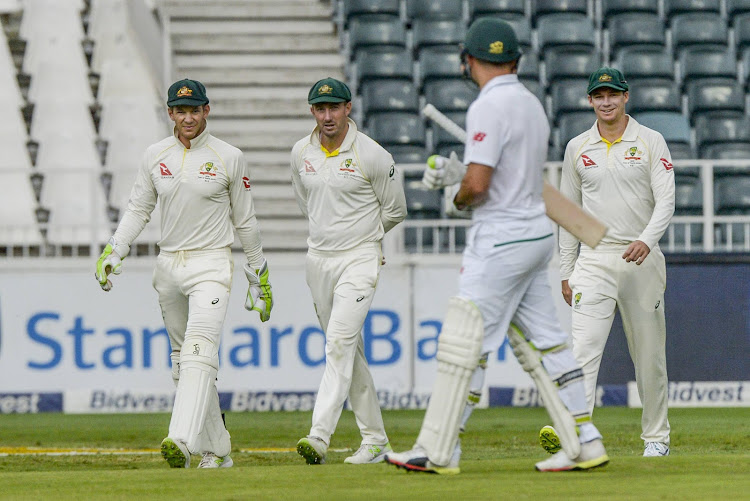 Players leave the field momentarily due to bad light during day 4 of the 4th Sunfoil Test match between South Africa and Australia at Bidvest Wanderers Stadium on April 02, 2018 in Johannesburg, South Africa.