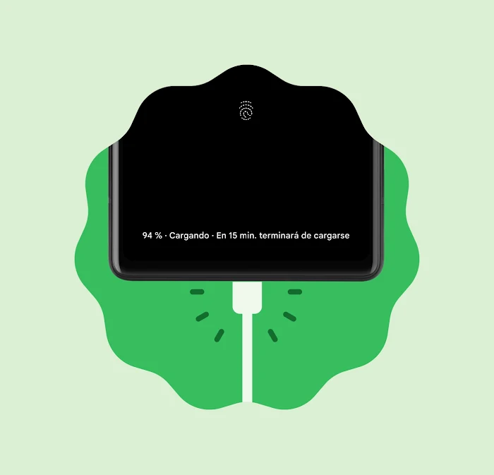 Ilustración de un Pixel 6a que se está cargando y muestra el mensaje "94 %. Cargando. En 15 min terminará de cargarse".