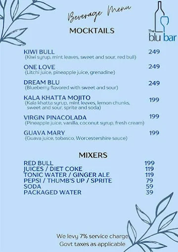 The Blu Bar menu 