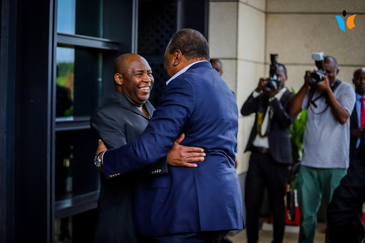 Ex-President Uhuru Kenyatta hugs Burundian leader Évariste Ndayishimiye in Bunjumbura on November 4, 2022. Photo Credit/ Ntare Rushatsi House, @NtareHouse.