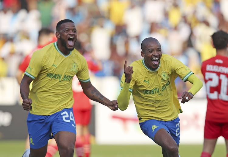 Thapelo Morena of Mamelodi Sundowns celebrates goal during the CAF Champions League 2022/23 match between Mamelodi Sundowns and CR Belouizdad at the Loftus Stadium, Pretoria on the 29 April 2023