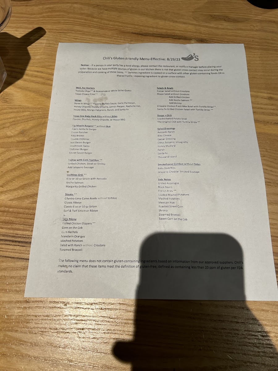 Chili's gluten-free menu