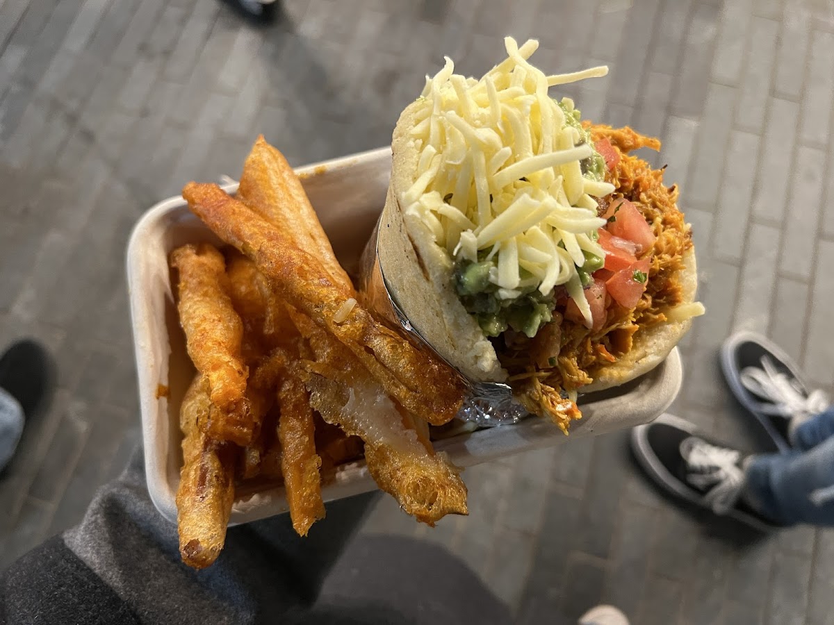 Chicken arepa with tempura sweet potato fries