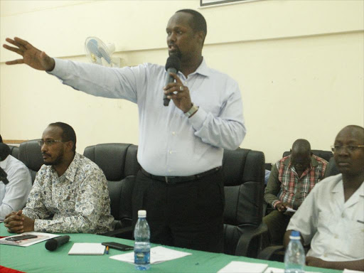 Mandera governor Ali Roba during a public baraza in Mandera town, residents will have to undergo tough vetting process and scrutiny in order to land ID cards.Photo Ismail Noor