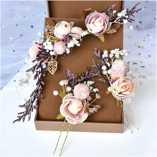 Title 4, Three-piece bridal headdress with dried flowers...