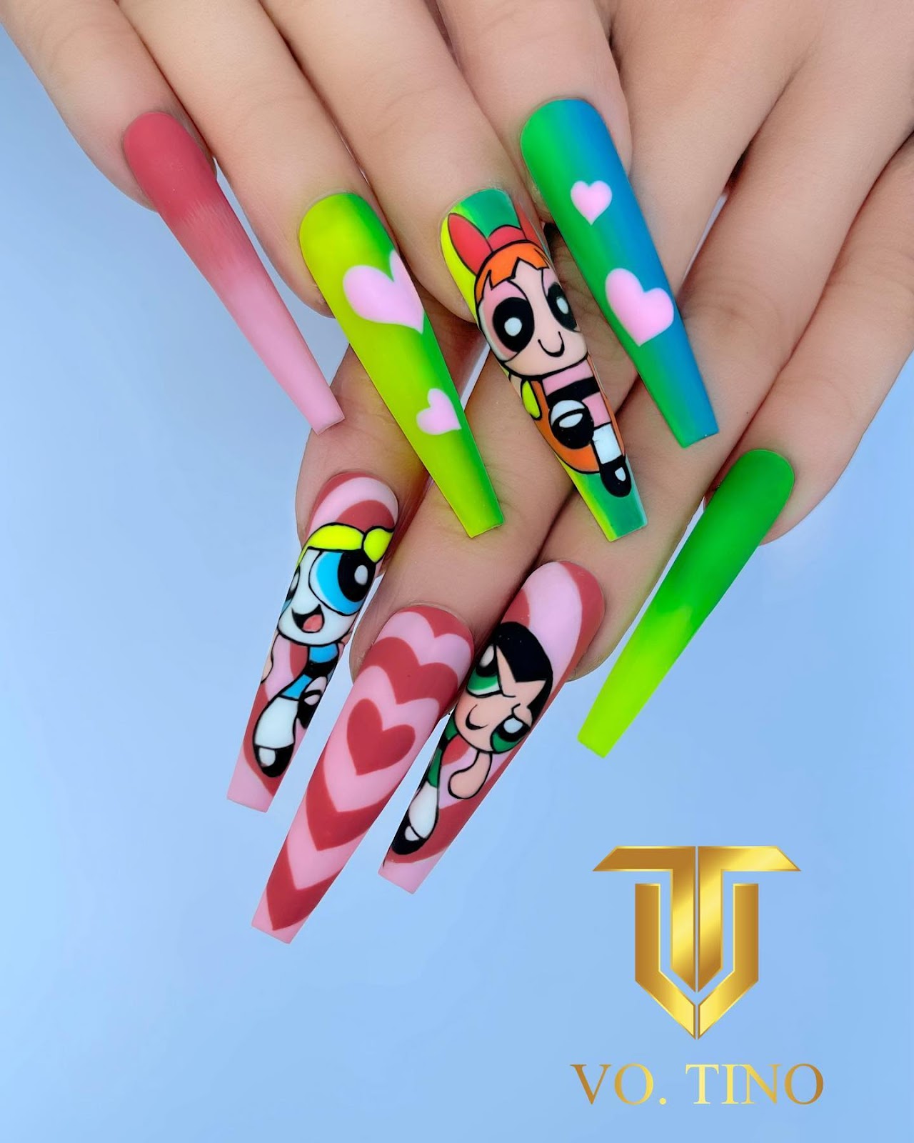 Powerpuff Design Coffin Nails