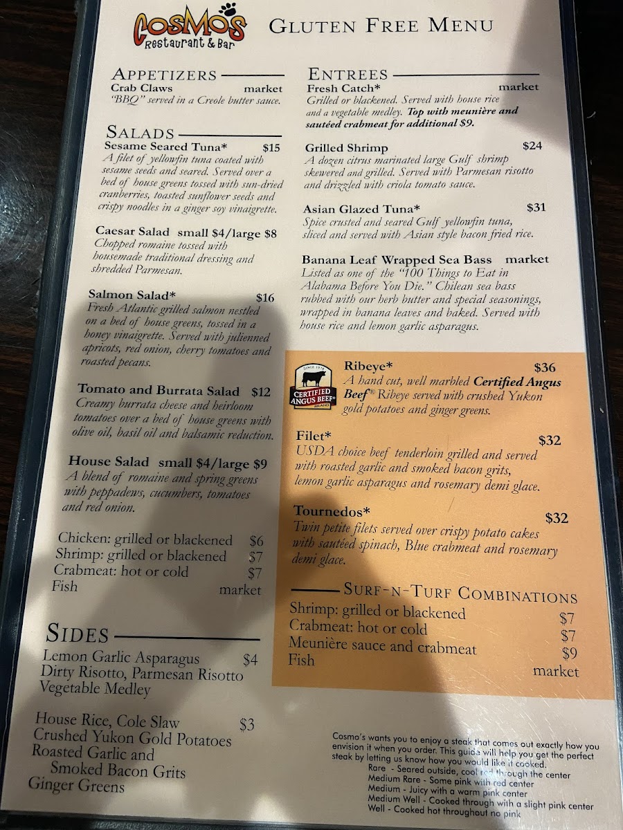 Cosmo's Restaurant & Bar gluten-free menu