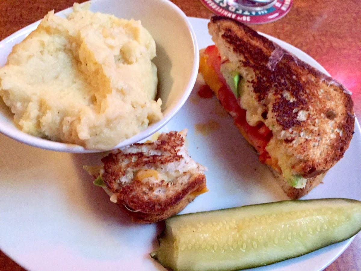 Ultimate grilled cheese on gf bread and side of mashed potatoes. I didn't want the side salad that normally gets paired with it. Sorry for the missing parts, I sometimes forget to get the picture before I start eating.