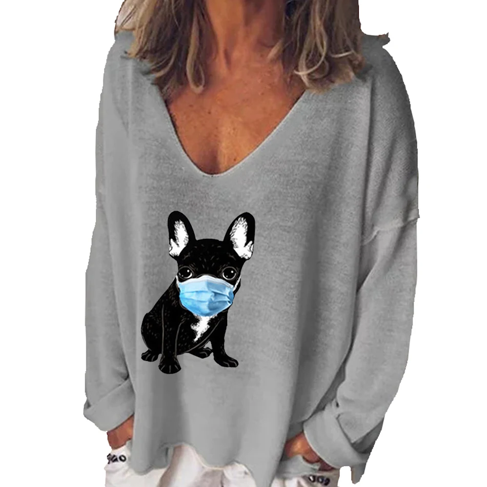 Damen Puppy Muzzle Print V-Ausschnitt Langarm T-Shirt – Weich & bequem. Perfekt für den täglichen Gebrauch. Einzigartiges Design.