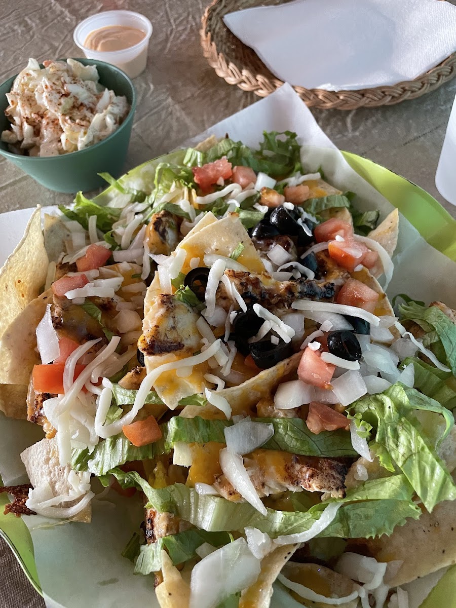 Fiah nachos with side of pineapple cold slaw