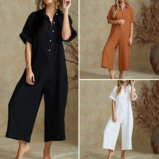 Title 3, Casual Loose Long Jumpsuit with Short Sleeves f...