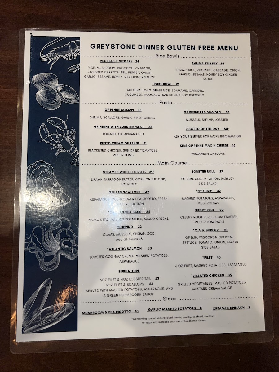 Greystone Oyster Bar gluten-free menu